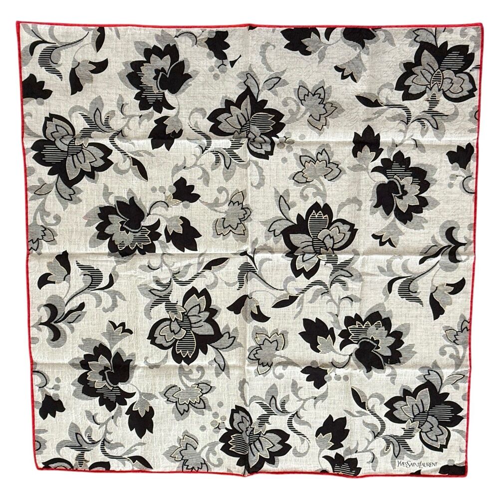 Saint Laurent Black and Gray Floral Silk Scarf with Red Trim